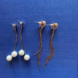 Two pairs of gold tone long drop earrings, pearl